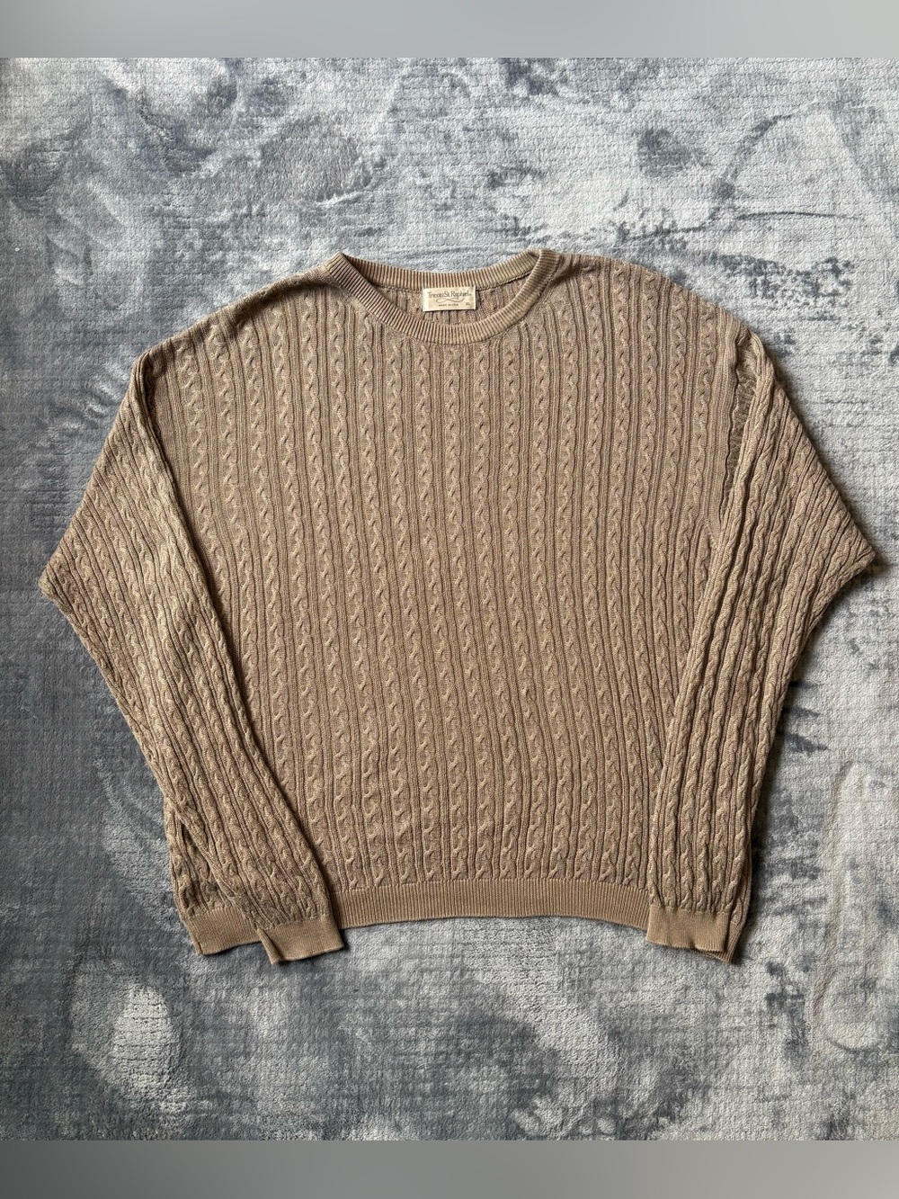 Vintage Tricots St. Raphael Cable Knit Cotton Sweater Biege Mens XL Made In USA